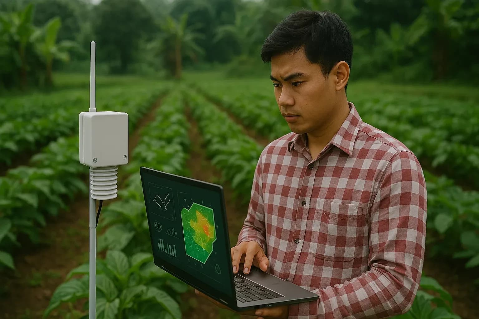 A farmer checking IoT field-sensor readings on a laptop between crop rows