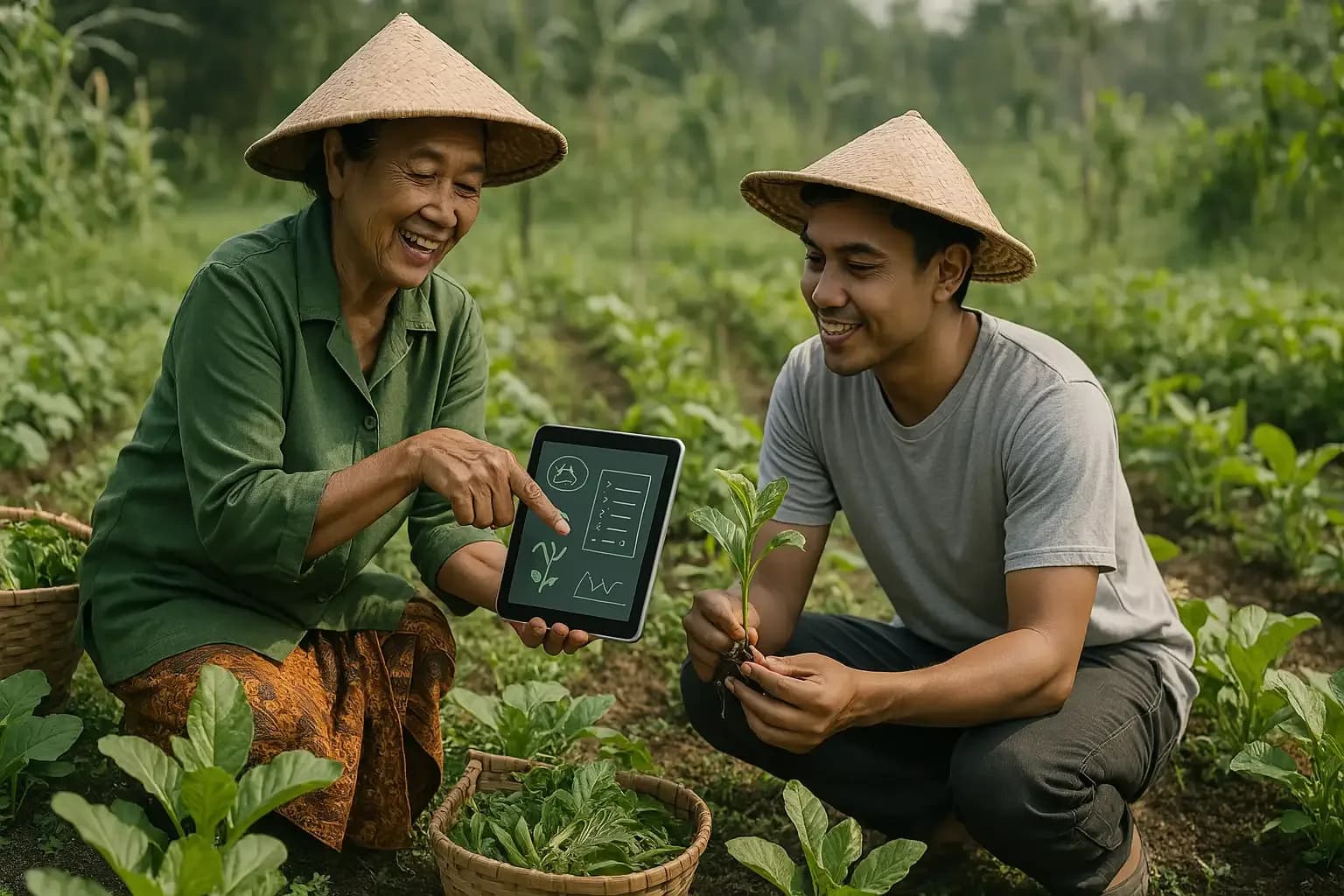 Two farmers in a vegetable field reviewing crop data together on a tablet